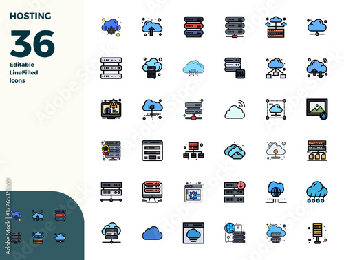 This collection features 36 Duotone PIXEL perfect vector icons tailored to the Hosting theme, optimized in 128x128 format for digital design.