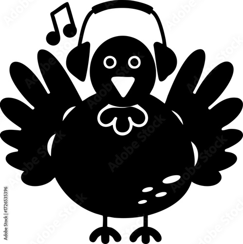 Cartoon bird wearing headphones and musical notes above its head suggests it is enjoying music. bird wings are spread, and it has cheerful expression
