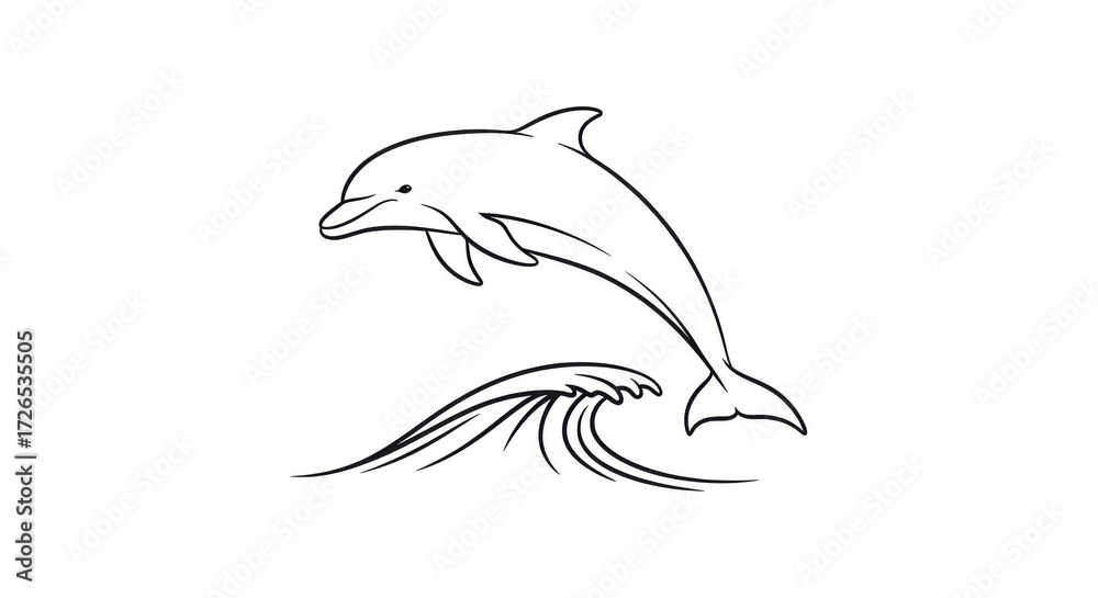 Obraz premium Minimalist Line Art of a Dolphin Character Leaping Over Ocean Waves
