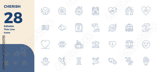 Distinctive pack of 28 PIXEL perfect vector icons inspired by Cherish, crafted in Thin Line format at 128x128 for memorable brand experiences.
