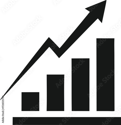 Increasing bar graph with upward trending arrow representing growth success and positive financial performance