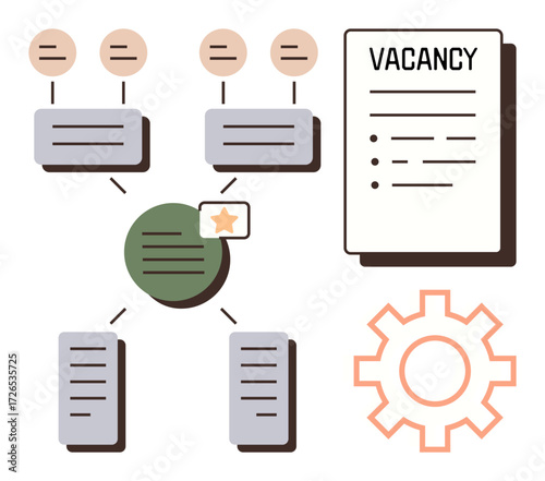 Workflow diagram connecting documents and profiles with job vacancy paper and gear element. Ideal for hiring, HR, recruitment, employment process, teamwork, organization, simple flat metaphor