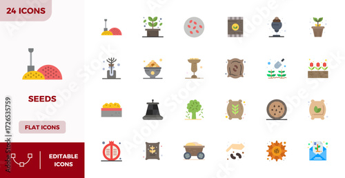 Sophisticated bundle of 24 Flat Color vector icons for Seeds, engineered with 128x128 PIXEL perfect clarity for professional applications.