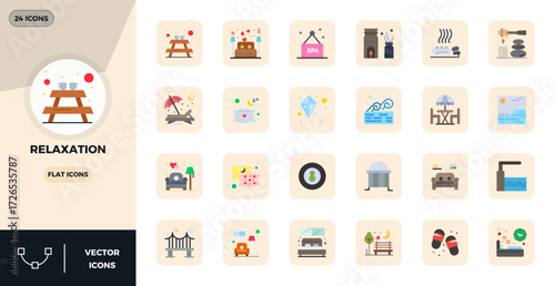 Ultimate collection of 24 vector icons representing Relaxation in Flat aesthetic, optimized with 128x128 PIXEL perfect resolution for maximum impact.