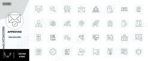 Innovative pack of 32 vector icons themed around Approved, showcasing Thin Line design in 128x128 PIXEL perfect format for modern digital solutions.