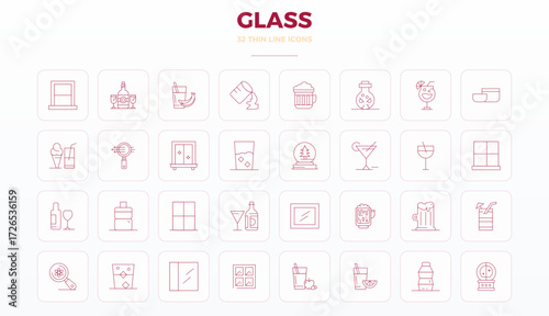 This collection features 32 Thin Outline PIXEL perfect vector icons tailored to the Glass theme, optimized in 128x128 format for digital design.
