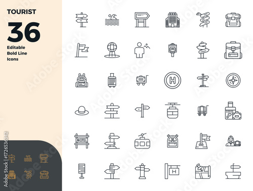 Precision-engineered 36 Bold Line vector icons for Tourist, designed at 128x128 PIXEL perfect resolution for exceptional clarity and scalability.
