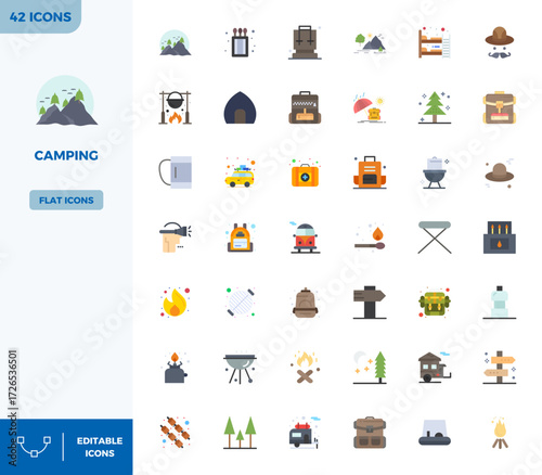 This set of 42 Flat Color vector icons captures Camping themes in 128x128 PIXEL perfect quality, perfect for tech and business applications.