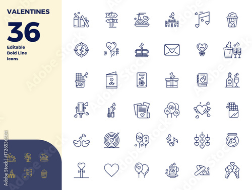 Set of 36 Bold Line PIXEL perfect vector icons themed around Valentines, crafted in 128x128 resolution for seamless integration in apps and websites.