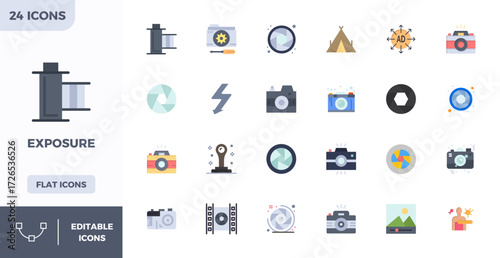Future-ready pack of 24 vector icons themed around Exposure, showcasing Flat Color design with 128x128 PIXEL perfect clarity for innovative user interfaces.