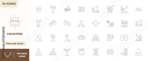 Streamlined set of 32 vector icons for Vacation in Minimal Line aesthetic, featuring 128x128 PIXEL perfect resolution for seamless user experiences.
