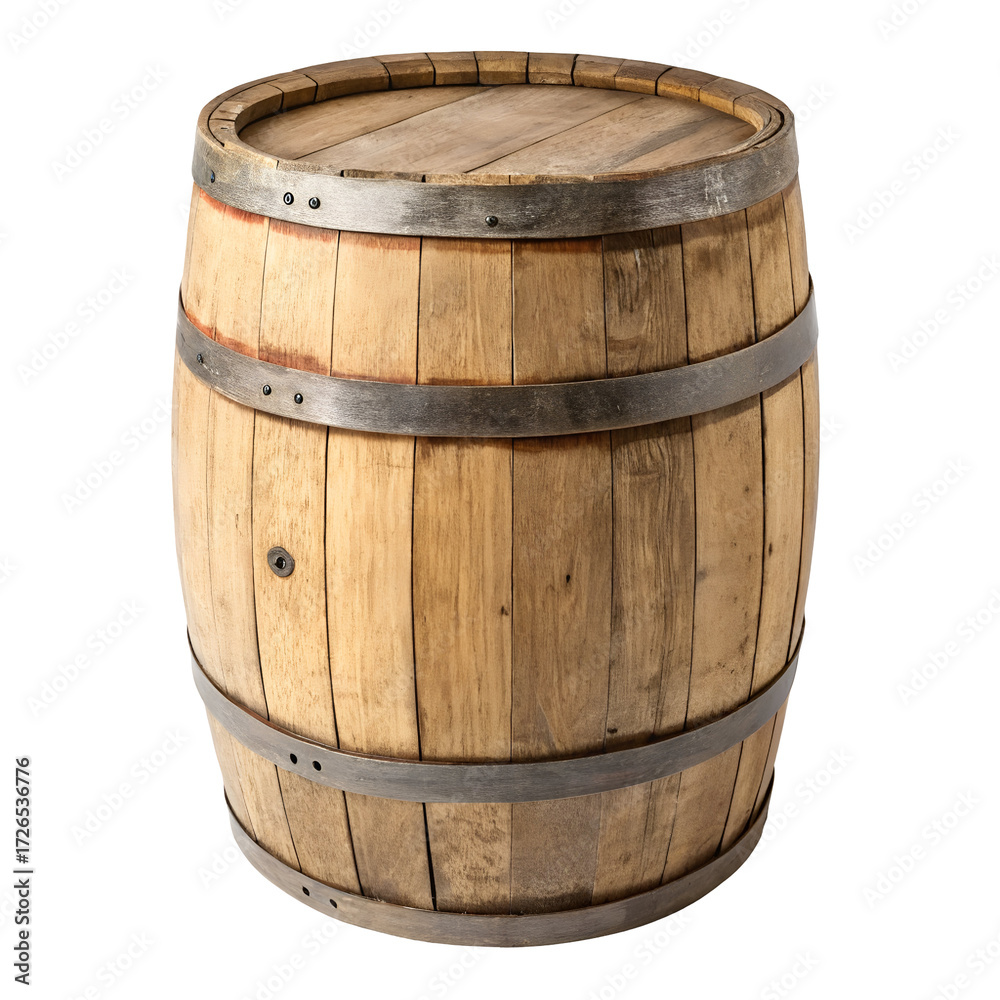 Fototapeta premium Rustic Wooden Barrel with Metal Hoops Isolated on a Black Background timber