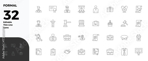 Refined bundle featuring 32 Thin Line vector icons for Formal, optimized with 128x128 PIXEL perfect quality for elegant and functional design solutions.