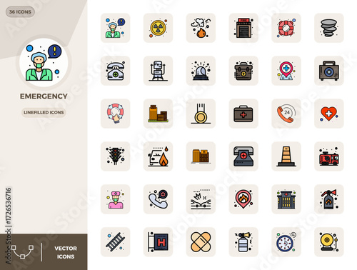 Professionally designed 36 vector icons in LineFilled, capturing the essence of Emergency with 128x128 PIXEL perfect precision for UI design.