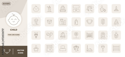Future-ready pack of 28 vector icons themed around Child, showcasing Thin Line design with 128x128 PIXEL perfect clarity for innovative user interfaces.