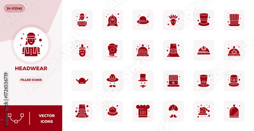 Meticulously crafted 24 Filled vector icons for Headwear, delivered in 128x128 PIXEL perfect quality for uncompromising design standards.