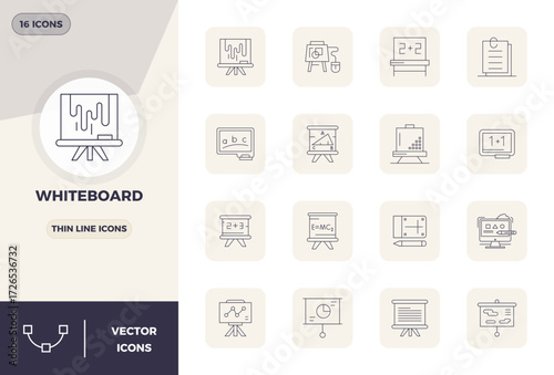 Exceptional collection of 16 Thin Line vector icons for Whiteboard, delivered in 128x128 PIXEL perfect resolution for unparalleled visual excellence and usability.
