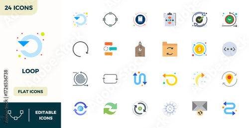 Meticulously crafted 24 Flat Color vector icons for Loop, delivered in 128x128 PIXEL perfect quality for uncompromising design standards.