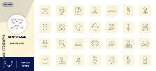 Transform your designs with 28 Thin Line vector icons themed around Gentleman, engineered in 128x128 PIXEL perfect resolution for maximum clarity.