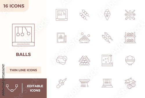 Professional-grade collection of 16 Minimal Line vector icons representing Balls, crafted with 128x128 PIXEL perfect precision for enterprise applications.