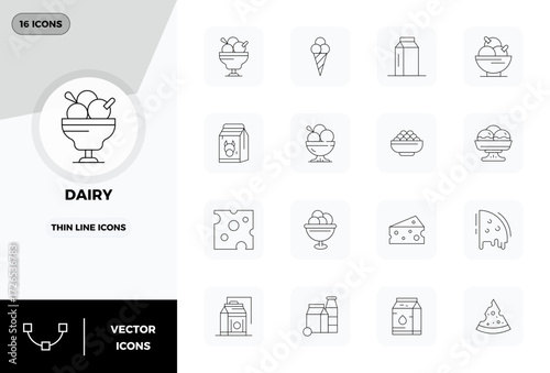 This set of 16 Thin Line vector icons captures Dairy themes in 128x128 PIXEL perfect quality, perfect for tech and business applications.
