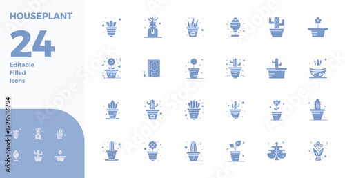 Precision-engineered 24 Glyph Filled vector icons for Houseplant, designed at 128x128 PIXEL perfect resolution for exceptional clarity and scalability.