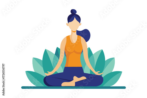 Meditating Woman Sitting in Lotus Pose with Leaves Background Illustration