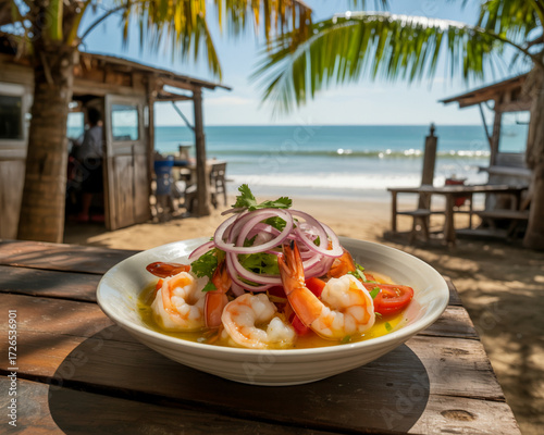 Delicious fresh shrimp ceviche served in a bowl on a rustic wooden table with a tropical beach and ocean in the background