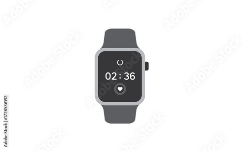 A vector illustration of a grey smartwatch displaying a timer and heart rate monitor on a white background.