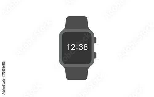 A minimalist flat design illustration of a dark gray smartwatch with a digital display showing the time 12:38, isolated on a white background.