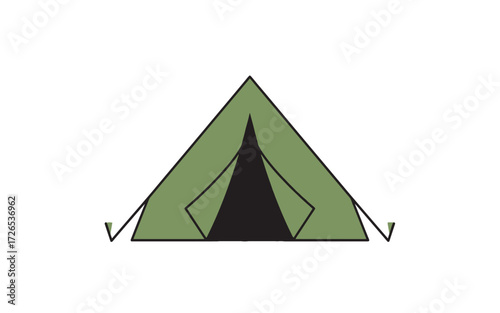 A simple green A-frame camping tent with an open flap, isolated on a white background.