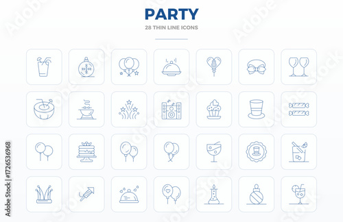 Download 28 scalable Thin Outline vector icons designed for Party, featuring PIXEL perfect 128x128 resolution suitable for professional and creative projects.