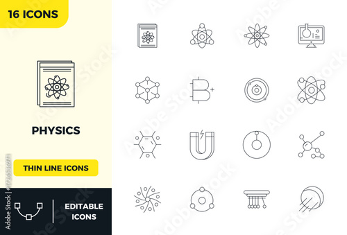 Artfully designed 16 Minimal Line PIXEL perfect vector icons for Physics, delivered in 128x128 format for consistent visual excellence.
