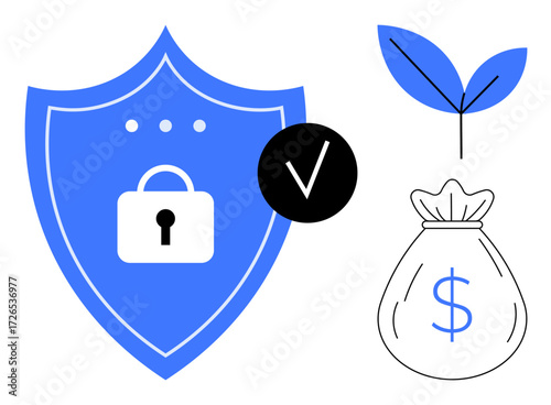 Shield with a lock and checkmark conveys protection, bag with dollar sign symbolizes finances, and sprouting plant represents growth. Ideal for financial security, savings, investment, trust, growth