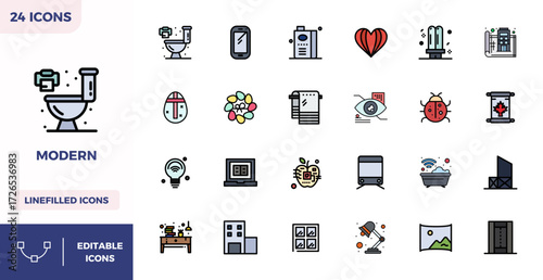 Advanced collection of 24 PIXEL perfect vector icons inspired by Modern, crafted in Flat Lineal Color with 128x128 optimization for superior visual performance.