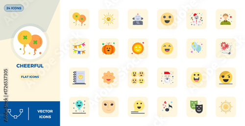Set of 24 Flat PIXEL perfect vector icons themed around Cheerful, crafted in 128x128 resolution for seamless integration in apps and websites.