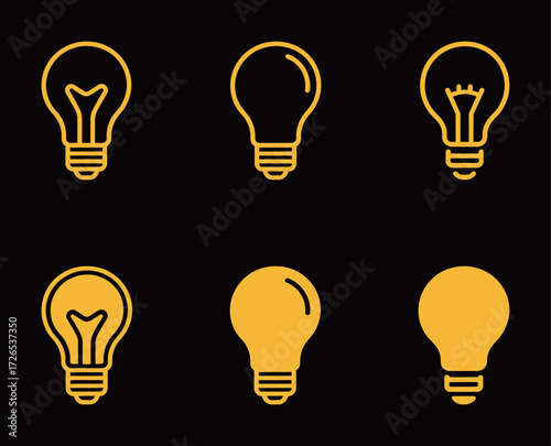 Collection of bright yellow light bulb icons in different styles and filament designs on a black background, representing ideas, innovation, energy, and electricity concepts.