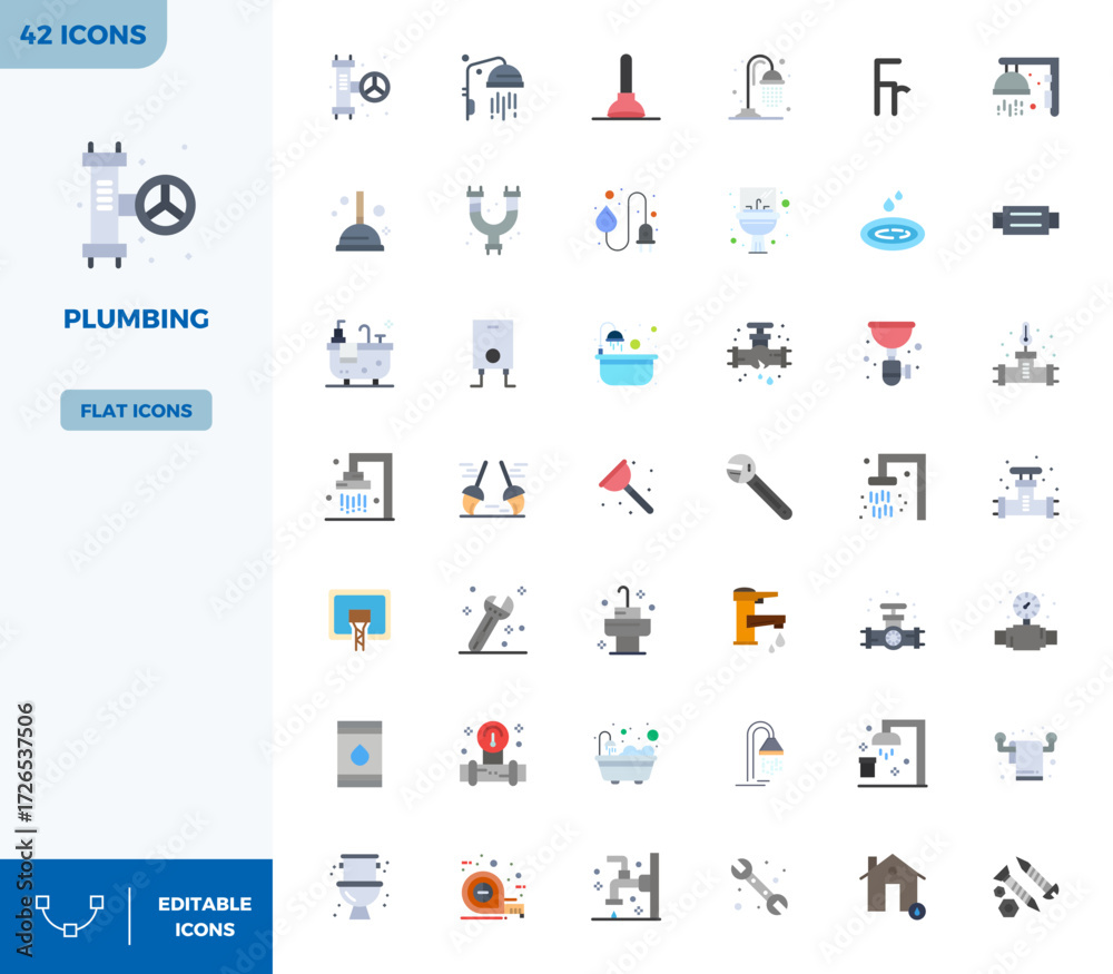 Fototapeta premium A clean collection of 42 Flat Color vector icons representing Plumbing, designed in 128x128 PIXEL perfect format for modern dashboards and interfaces.