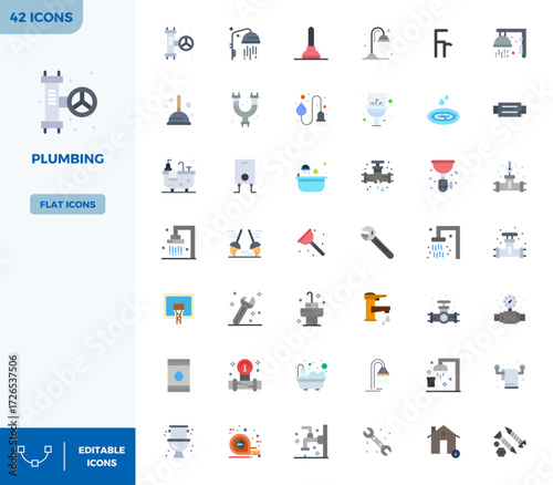 A clean collection of 42 Flat Color vector icons representing Plumbing, designed in 128x128 PIXEL perfect format for modern dashboards and interfaces.