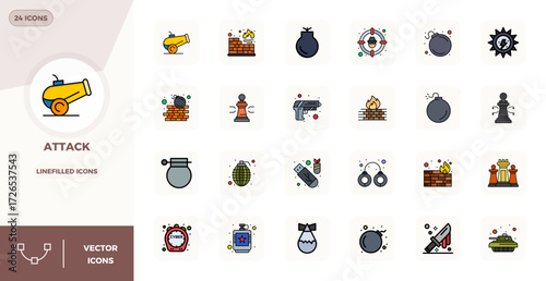 Strategic bundle featuring 24 vector icons representing Attack in LineFilled format, optimized with 128x128 PIXEL perfect quality for professional workflows.