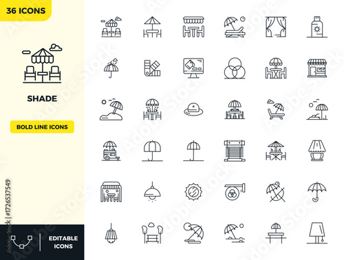Comprehensive bundle featuring 36 vector icons in Heavy Line design for Shade, delivered in crisp 128x128 PIXEL perfect quality.