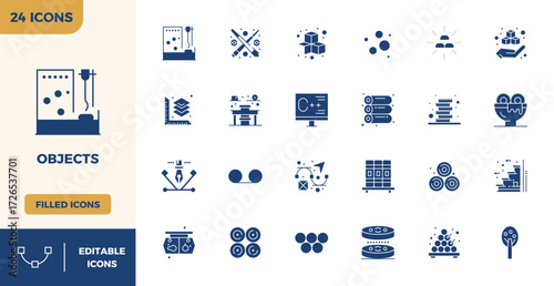 Contemporary collection of 24 vector icons representing Objects in Filled aesthetic, featuring 128x128 PIXEL perfect resolution for modern application development.