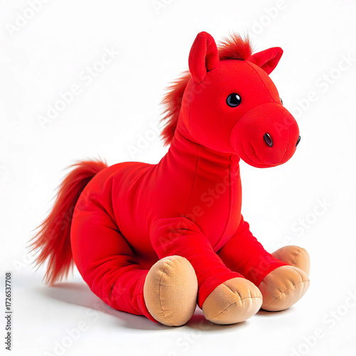 Cute stuffed toy of a red horse on a white background