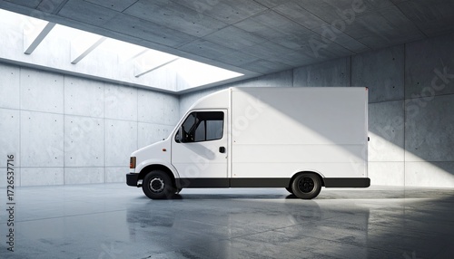 White Cargo Van Parked in Modern Concrete Warehouse with Skylight