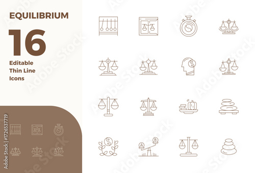 A dynamic set of 16 vector icons in Thin Line, tailored for Equilibrium with 128x128 PIXEL perfect quality suited for digital products.