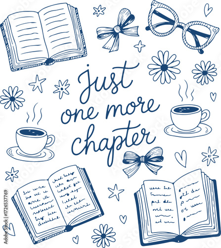 Just One More Chapter – Cozy Book and Coffee Illustration with Bows, Flowers, Hearts, and Open Books in Hand-drawn Style – Reading Aesthetic Design