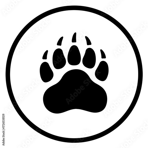 Distinctive black and white vector icon featuring the bold silhouette of a Polar Bear paw print or footprint. This simple, recognizable graphic symbolizes the presence, journey