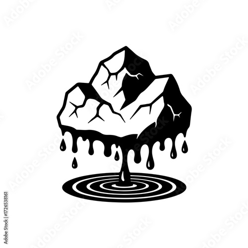 Powerful, symbolic black and white vector icon illustrating a cracked, melting glacier or iceberg. The design features visible fractures and drips of water below the ice mass