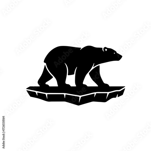 Striking black and white vector silhouette of a Polar Bear walking across a simple sheet of ice or snowy ground. This minimalist and powerful icon is perfect for illustrating themes of Arctic wildlife