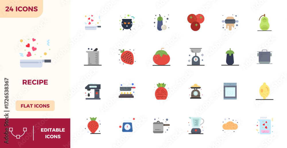 Fototapeta premium Vector pack with 24 Flat Color PIXEL perfect icons inspired by Recipe, delivered in 128x128 resolution ideal for scalable and creative design work.